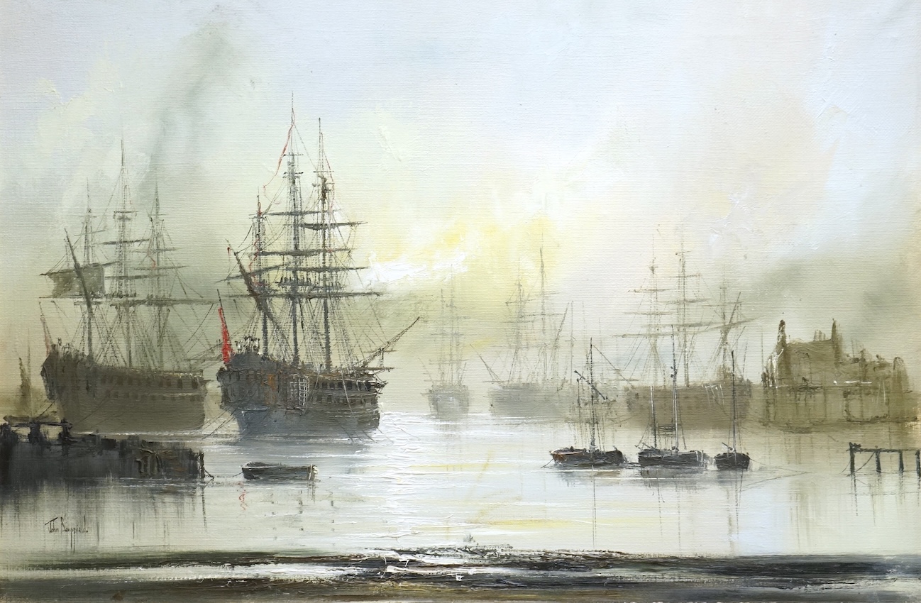 John Bampfield (b.1947), oil on canvas, Shipping scene, signed, 60 x 90cm